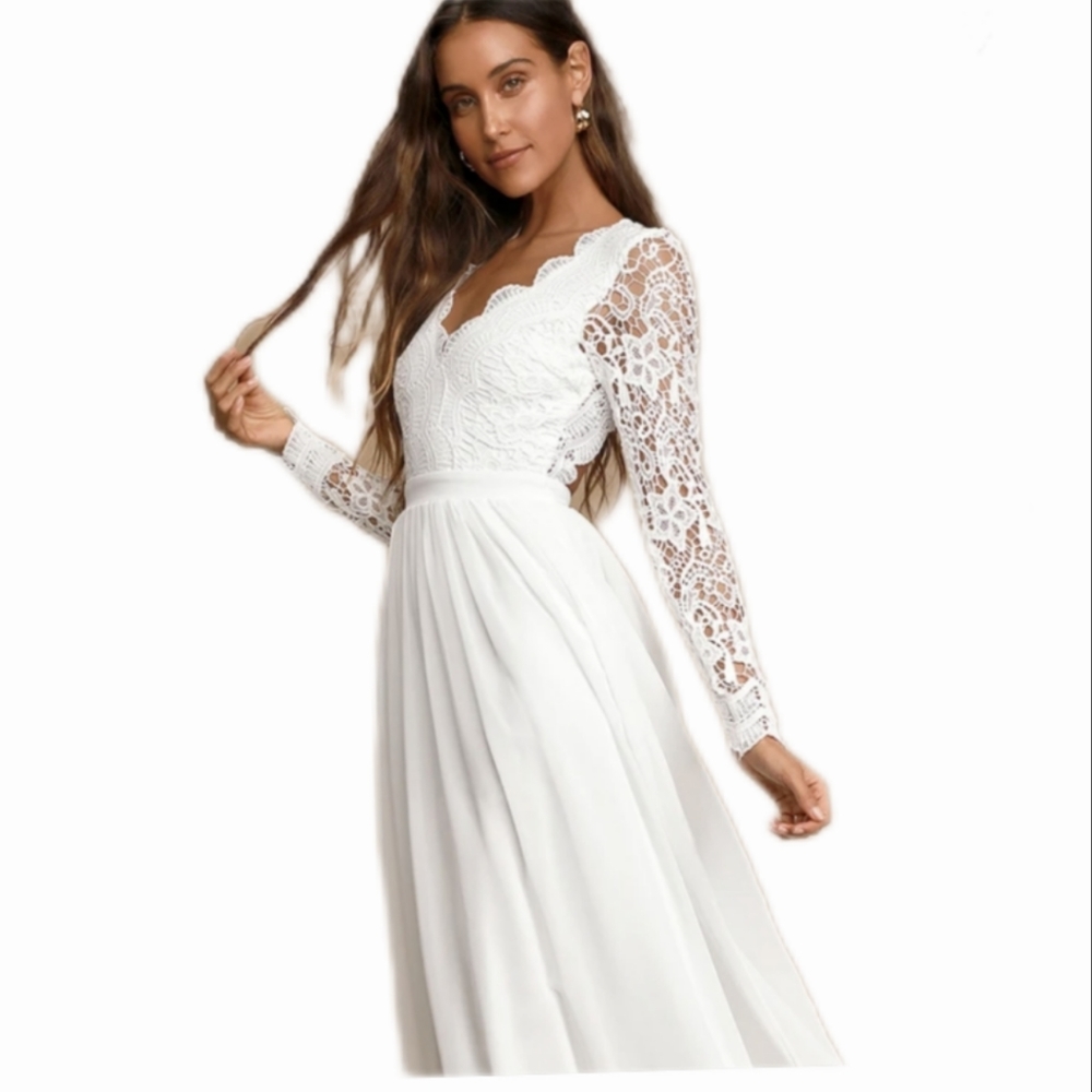Lulu’s Awaken My Love White Long Sleeve Lace Maxi Dress Long sleeve XS.